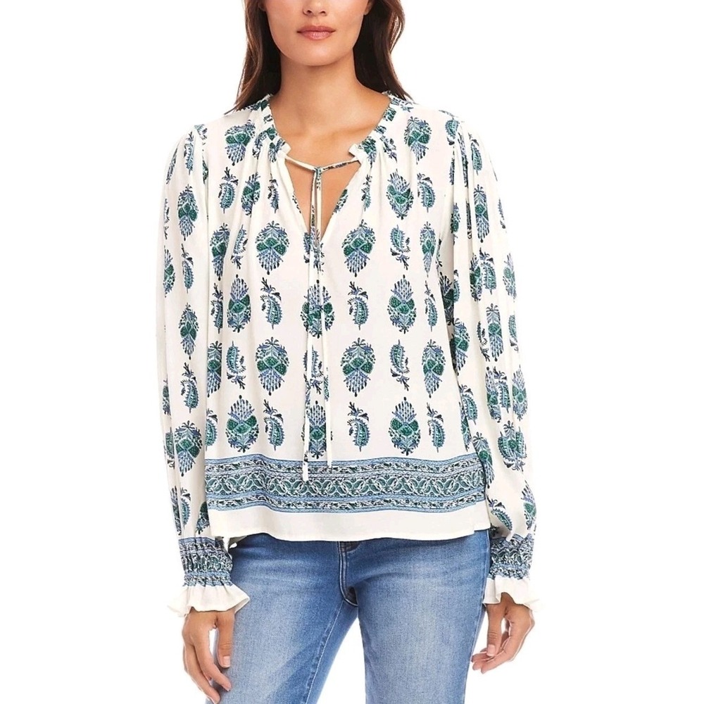 Karen Kane Printed Boho Peasant Blouse S Print Pullover Style Long Sleeves NWOT